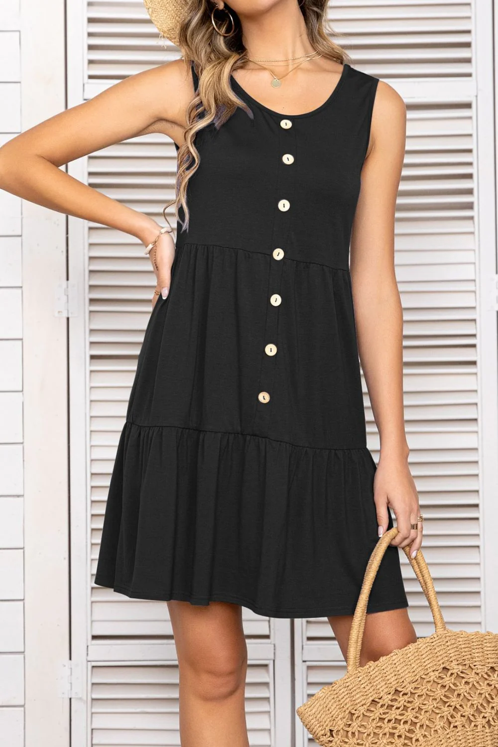 Decorative Button Scoop Neck Sleeveless Tiered Dress - Image 4