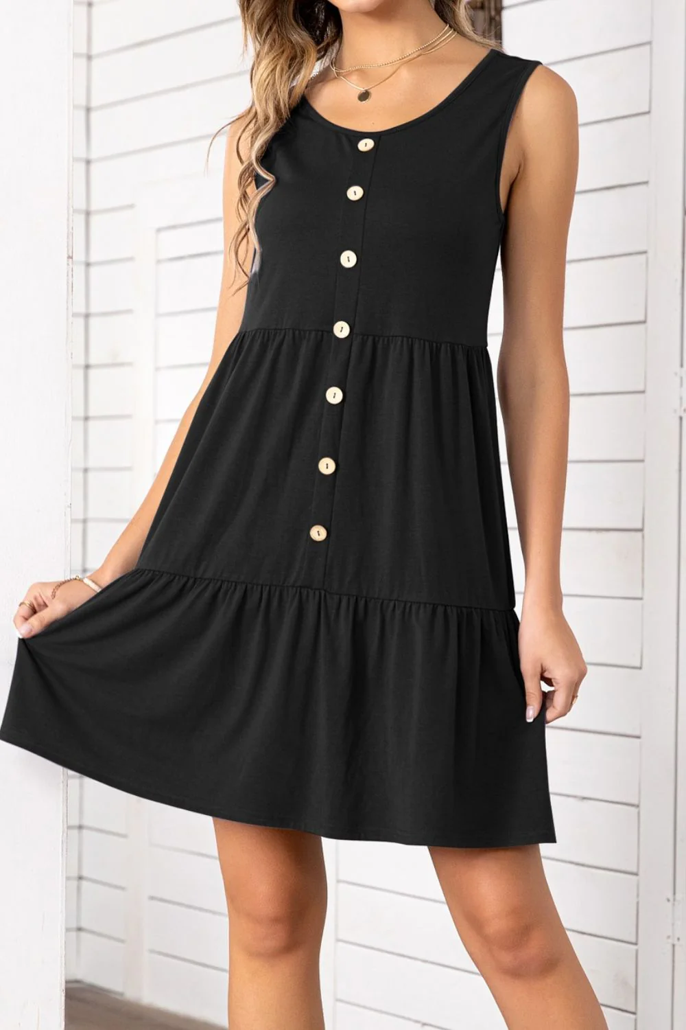 Decorative Button Scoop Neck Sleeveless Tiered Dress - Image 5