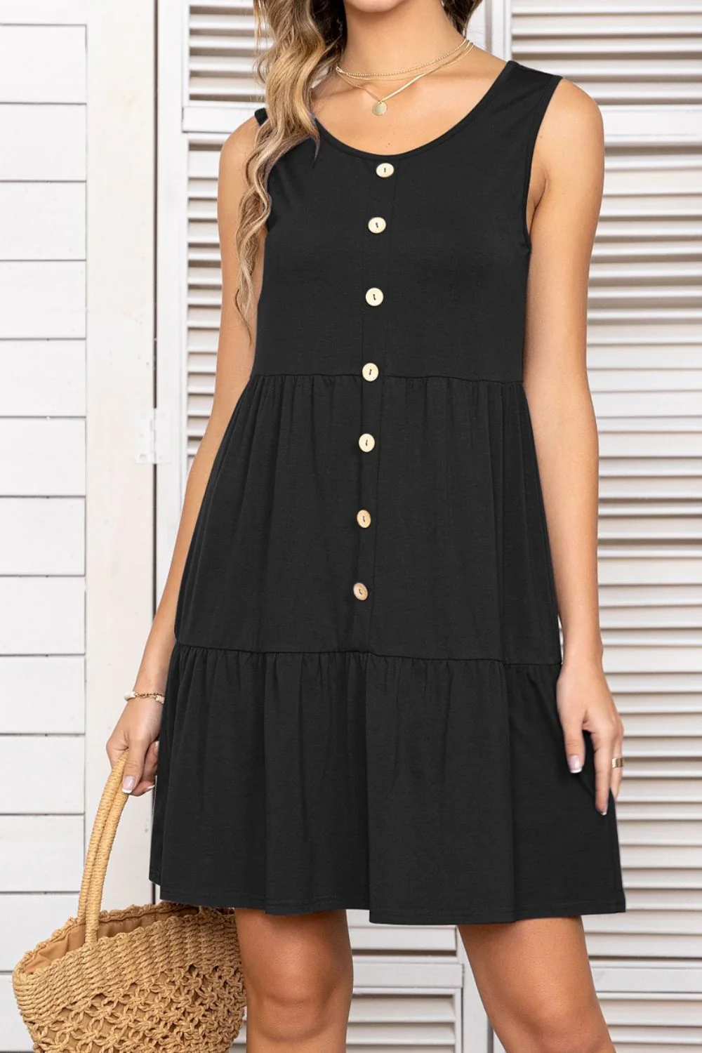 Decorative Button Scoop Neck Sleeveless Tiered Dress - Image 6