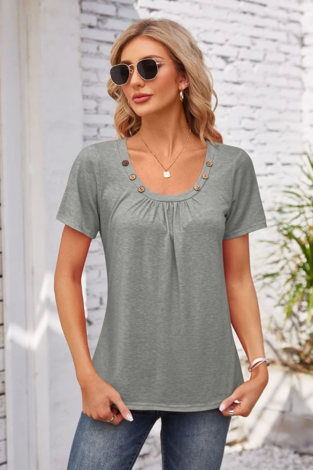 Decorative Button Scoop Neck T-Shirt - Image 14