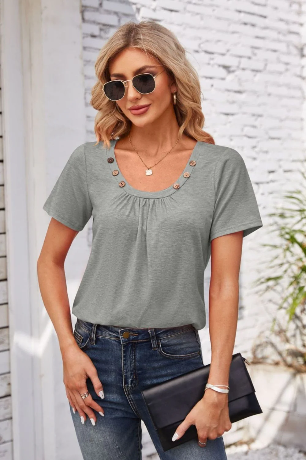Decorative Button Scoop Neck T-Shirt - Image 15