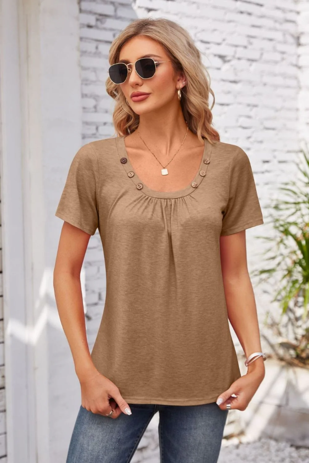 Decorative Button Scoop Neck T-Shirt - Image 19