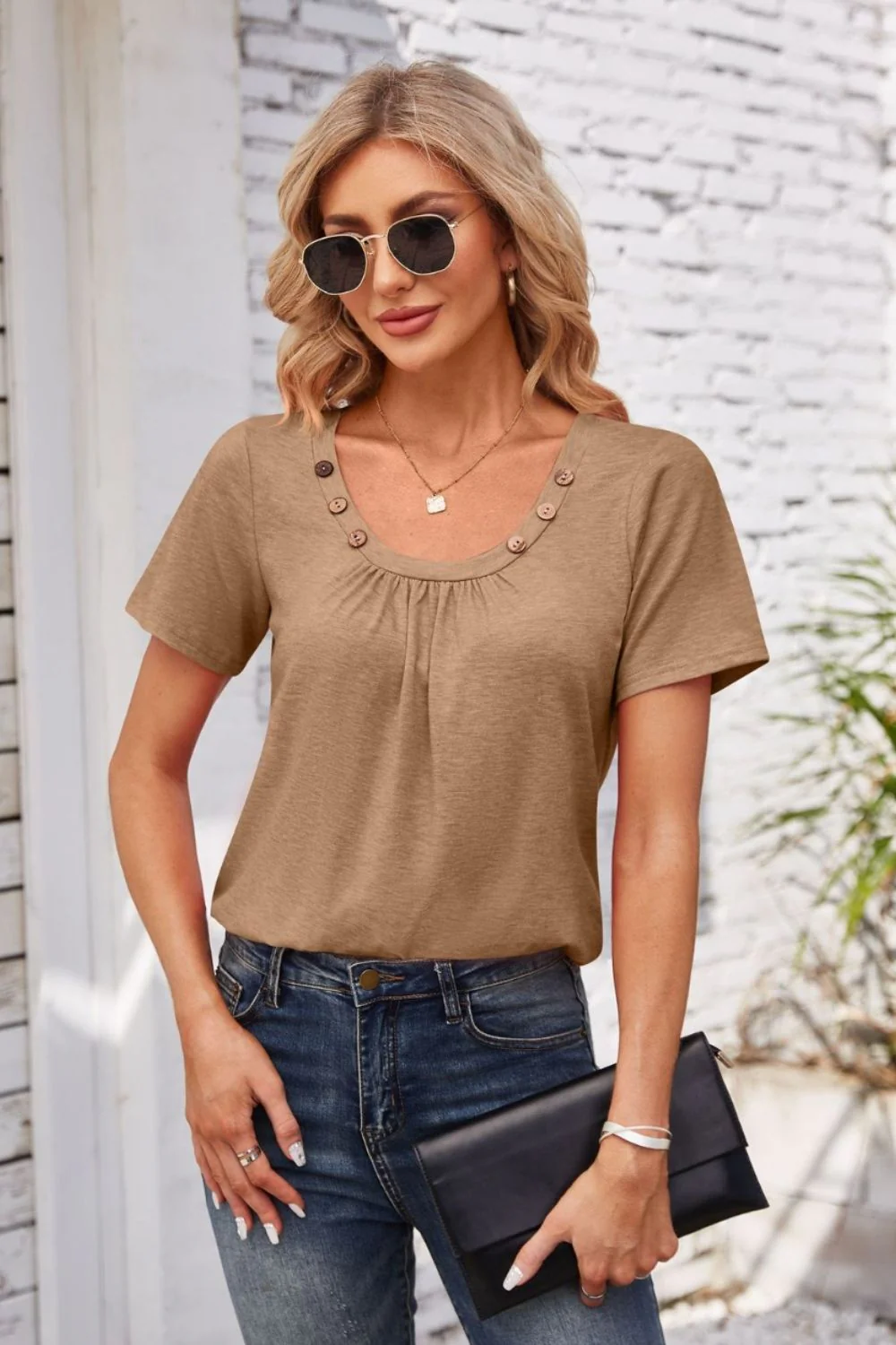 Decorative Button Scoop Neck T-Shirt - Image 20