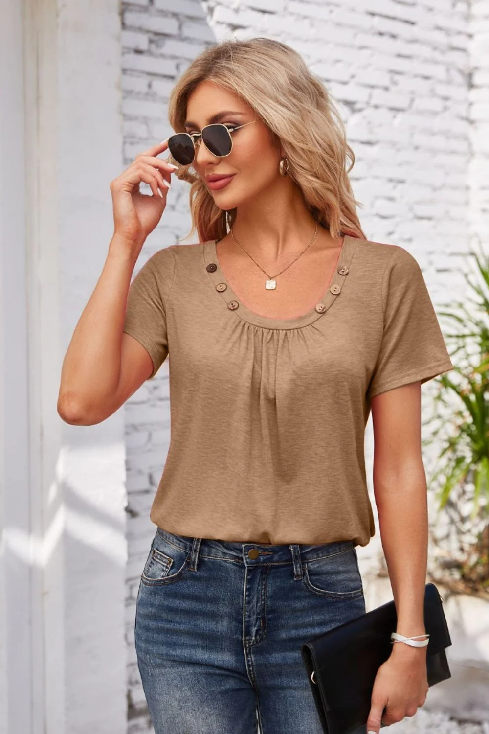 Decorative Button Scoop Neck T-Shirt - Image 22