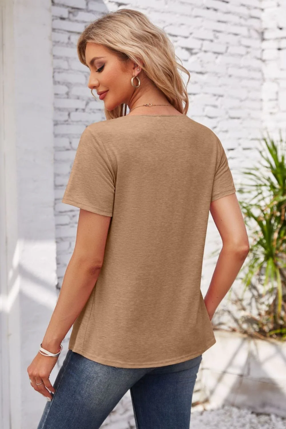 Decorative Button Scoop Neck T-Shirt - Image 23