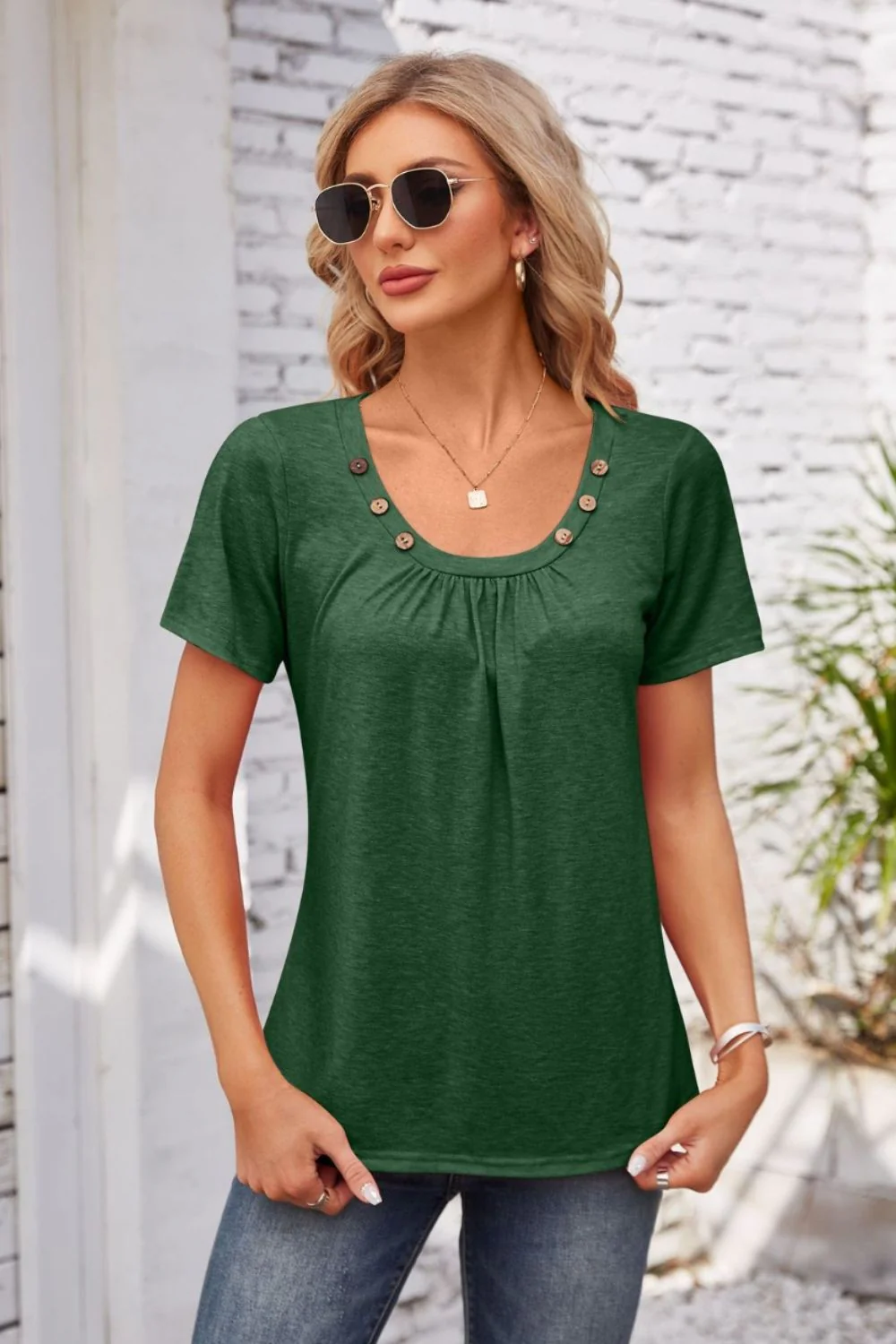 Decorative Button Scoop Neck T-Shirt - Image 24