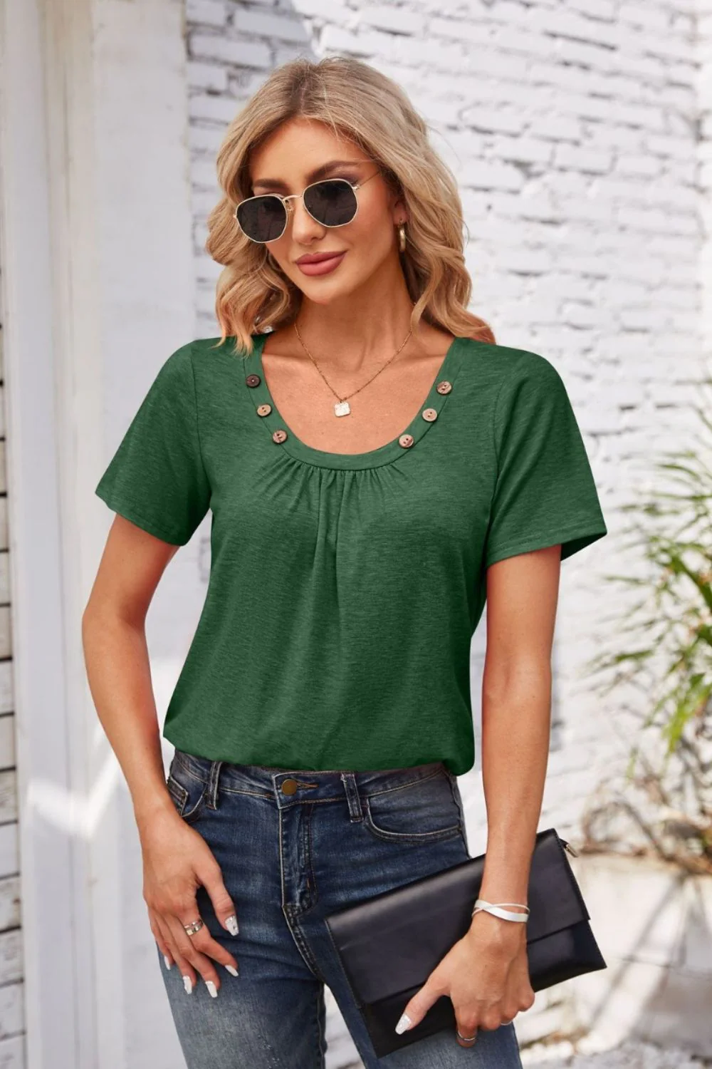 Decorative Button Scoop Neck T-Shirt - Image 25