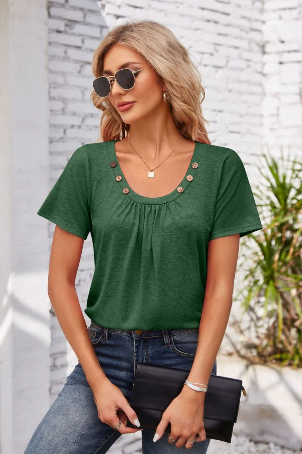 Decorative Button Scoop Neck T-Shirt - Image 26