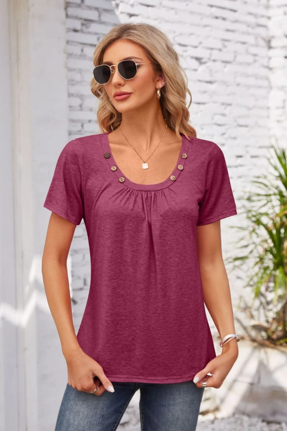 Decorative Button Scoop Neck T-Shirt - Image 29