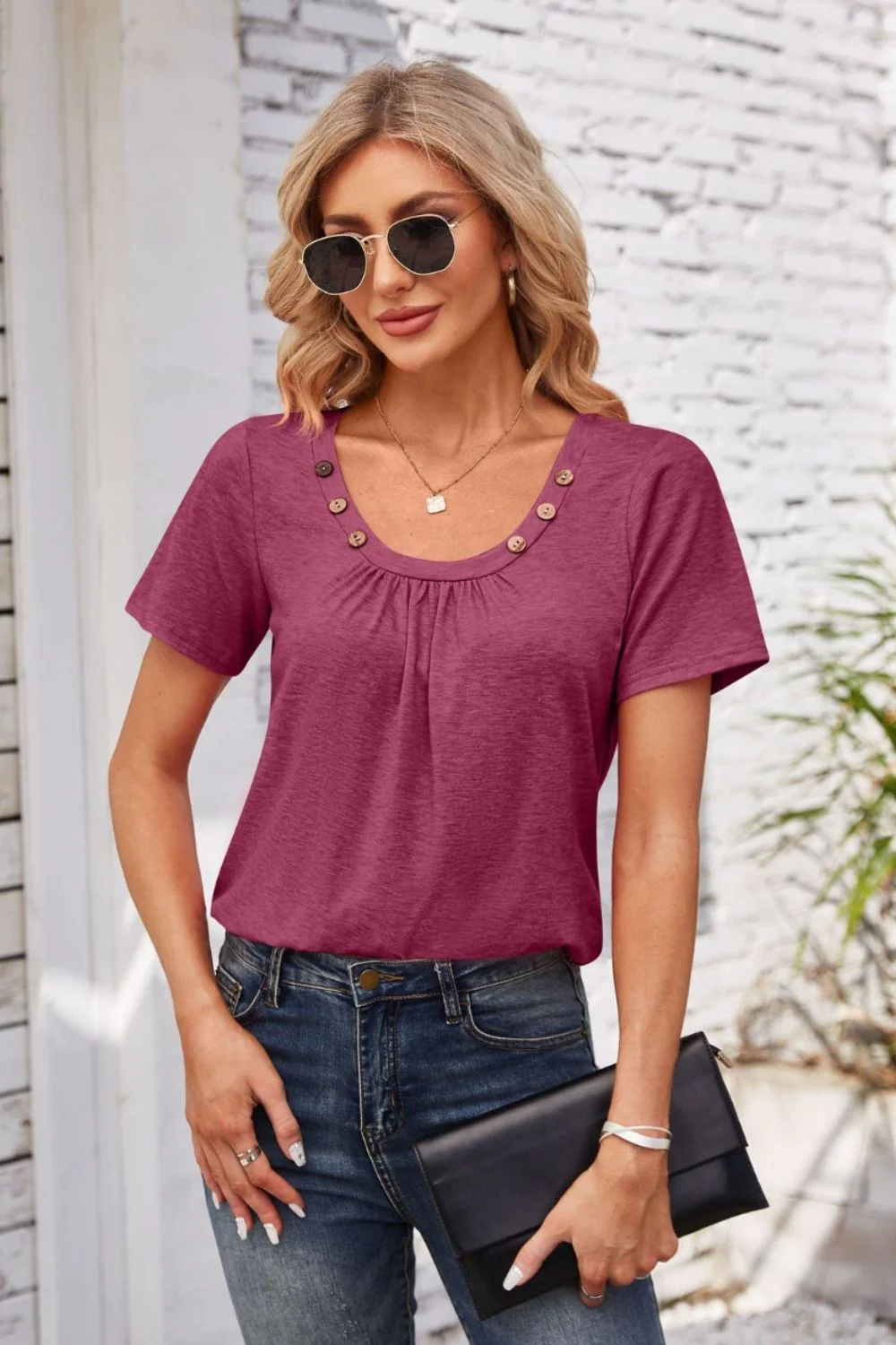 Decorative Button Scoop Neck T-Shirt - Image 30
