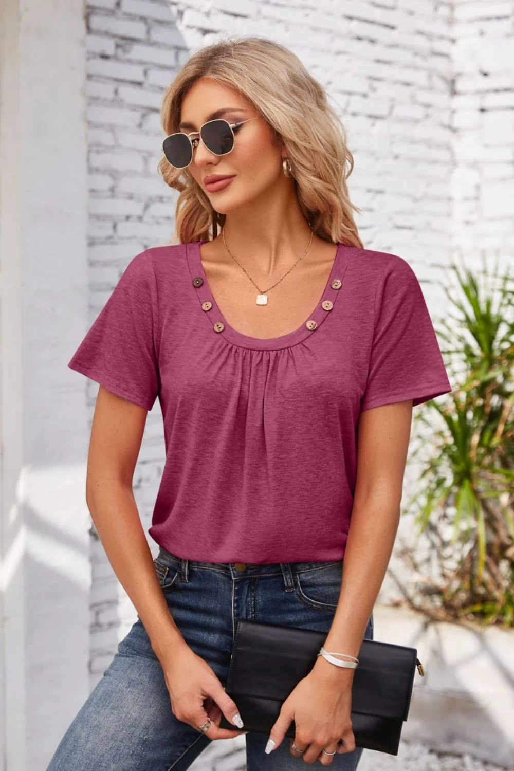 Decorative Button Scoop Neck T-Shirt - Image 31