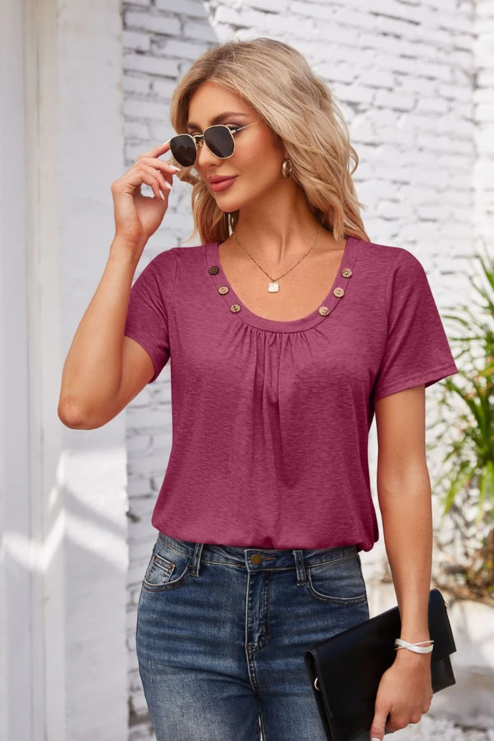 Decorative Button Scoop Neck T-Shirt - Image 32
