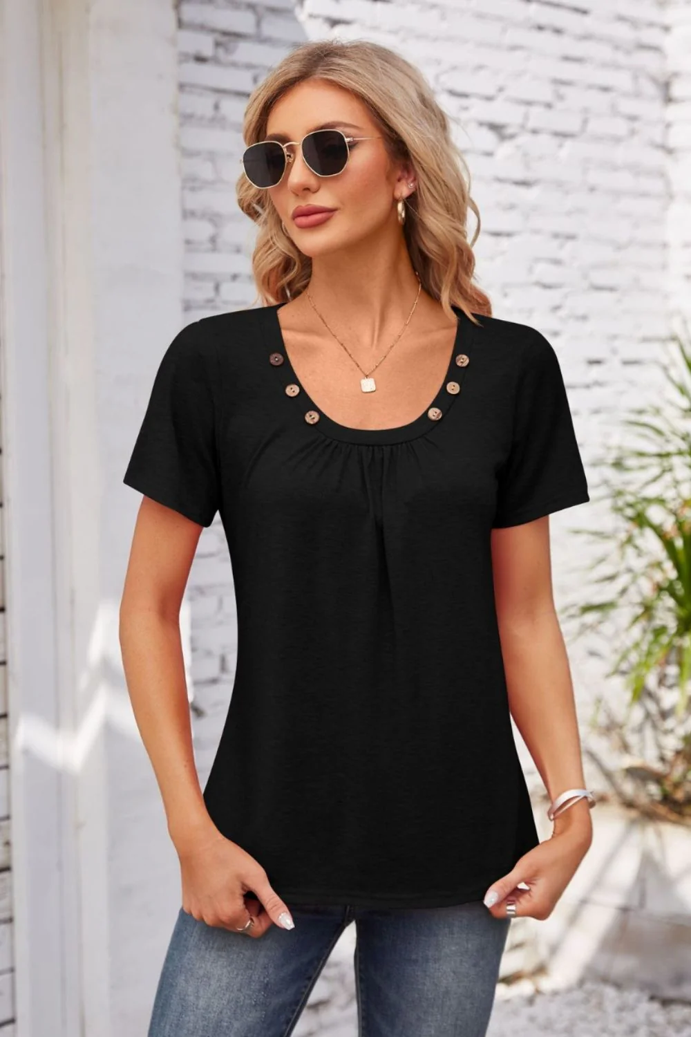 Decorative Button Scoop Neck T-Shirt - Image 6