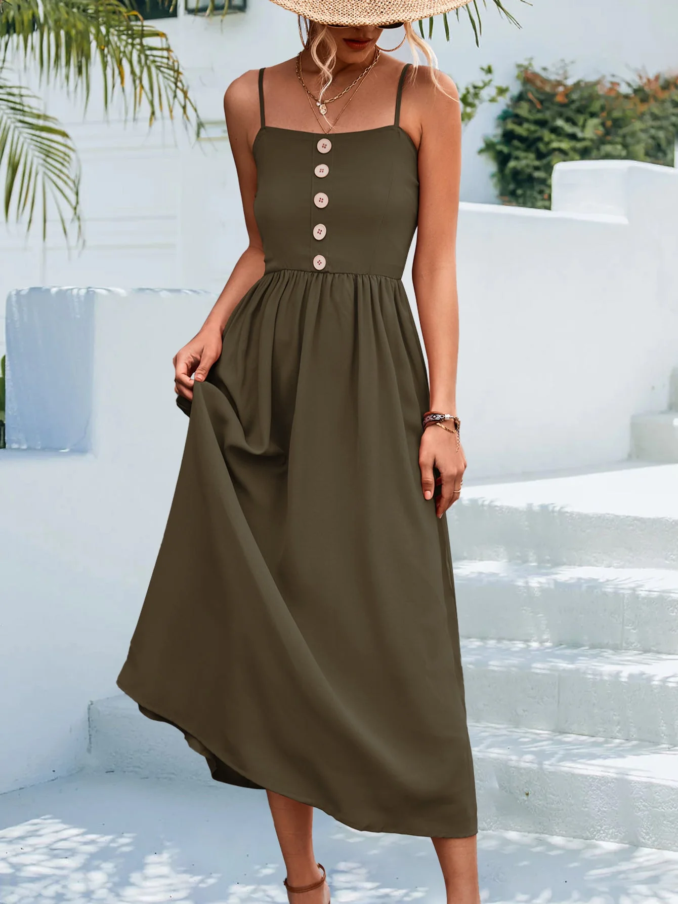 Decorative Button Spaghetti Strap Midi Dress - Image 11