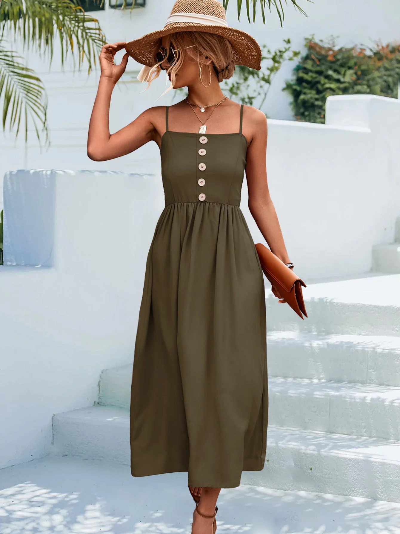 Decorative Button Spaghetti Strap Midi Dress - Image 12