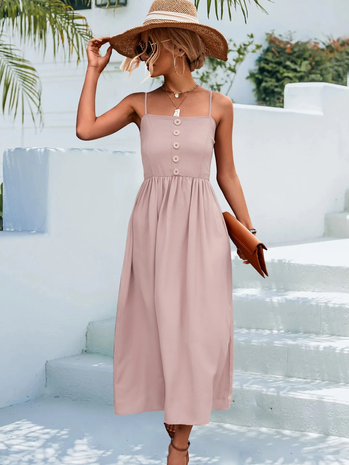 Decorative Button Spaghetti Strap Midi Dress - Image 18