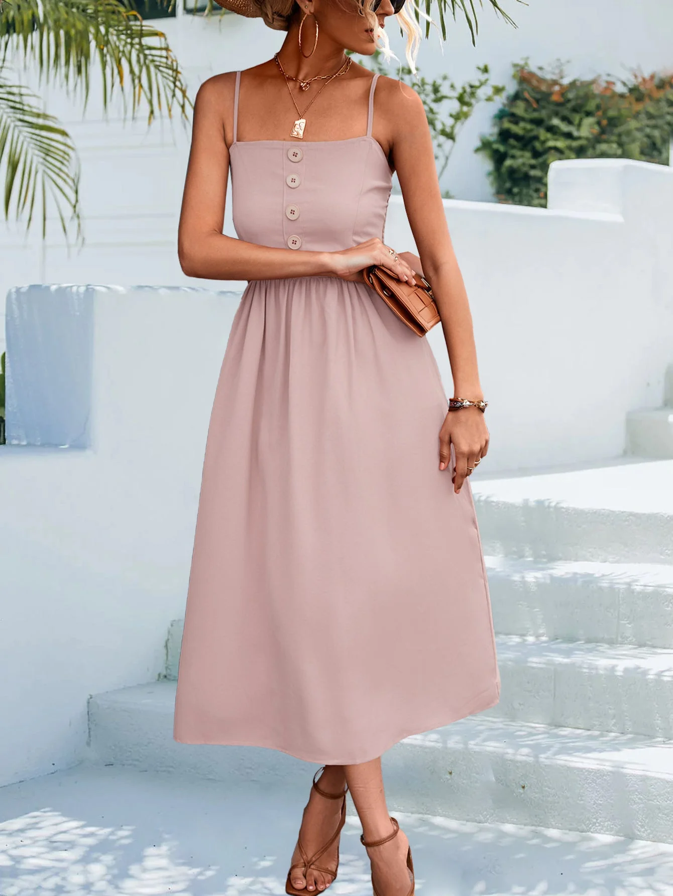 Decorative Button Spaghetti Strap Midi Dress - Image 20
