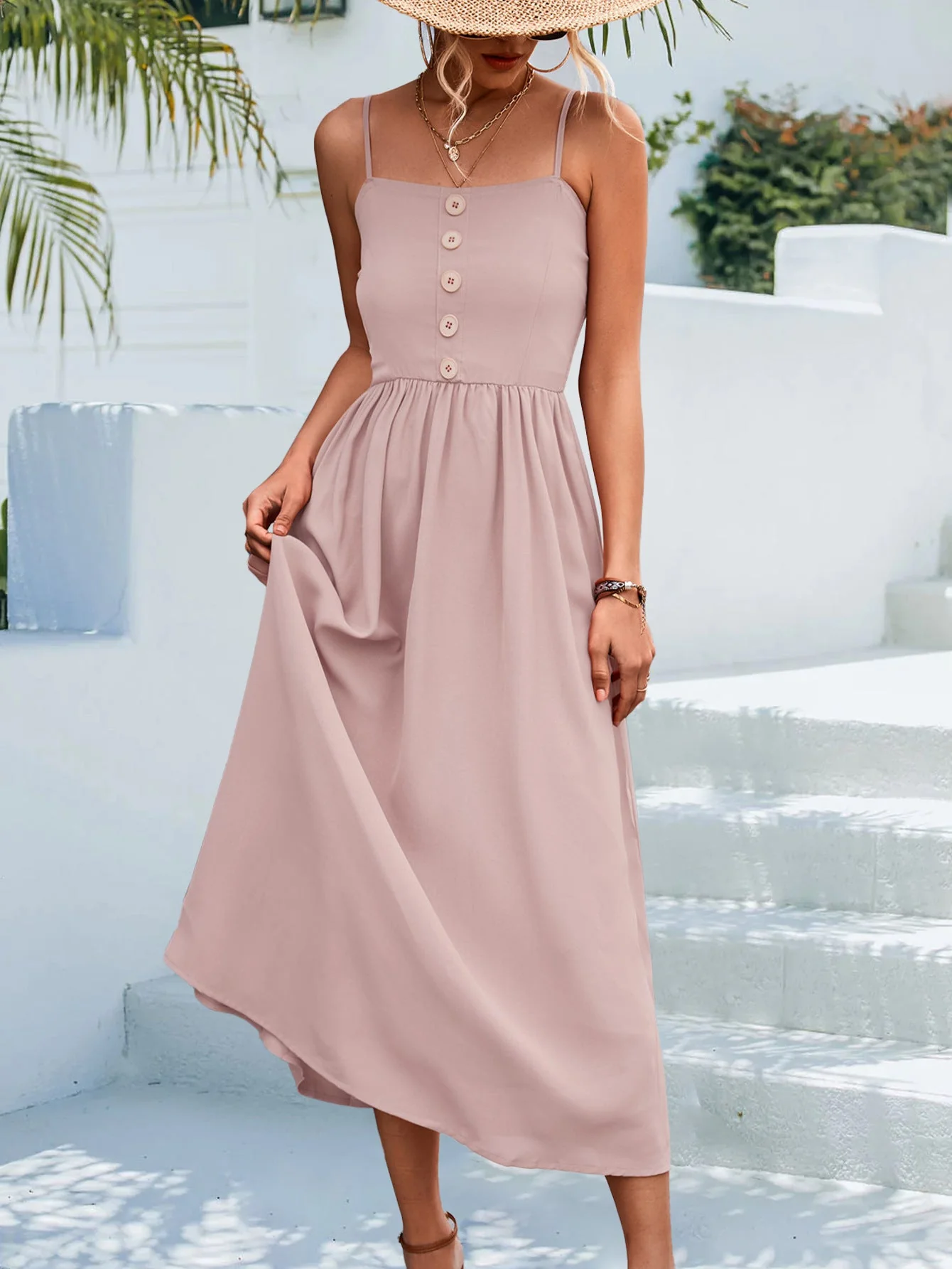 Decorative Button Spaghetti Strap Midi Dress - Image 21