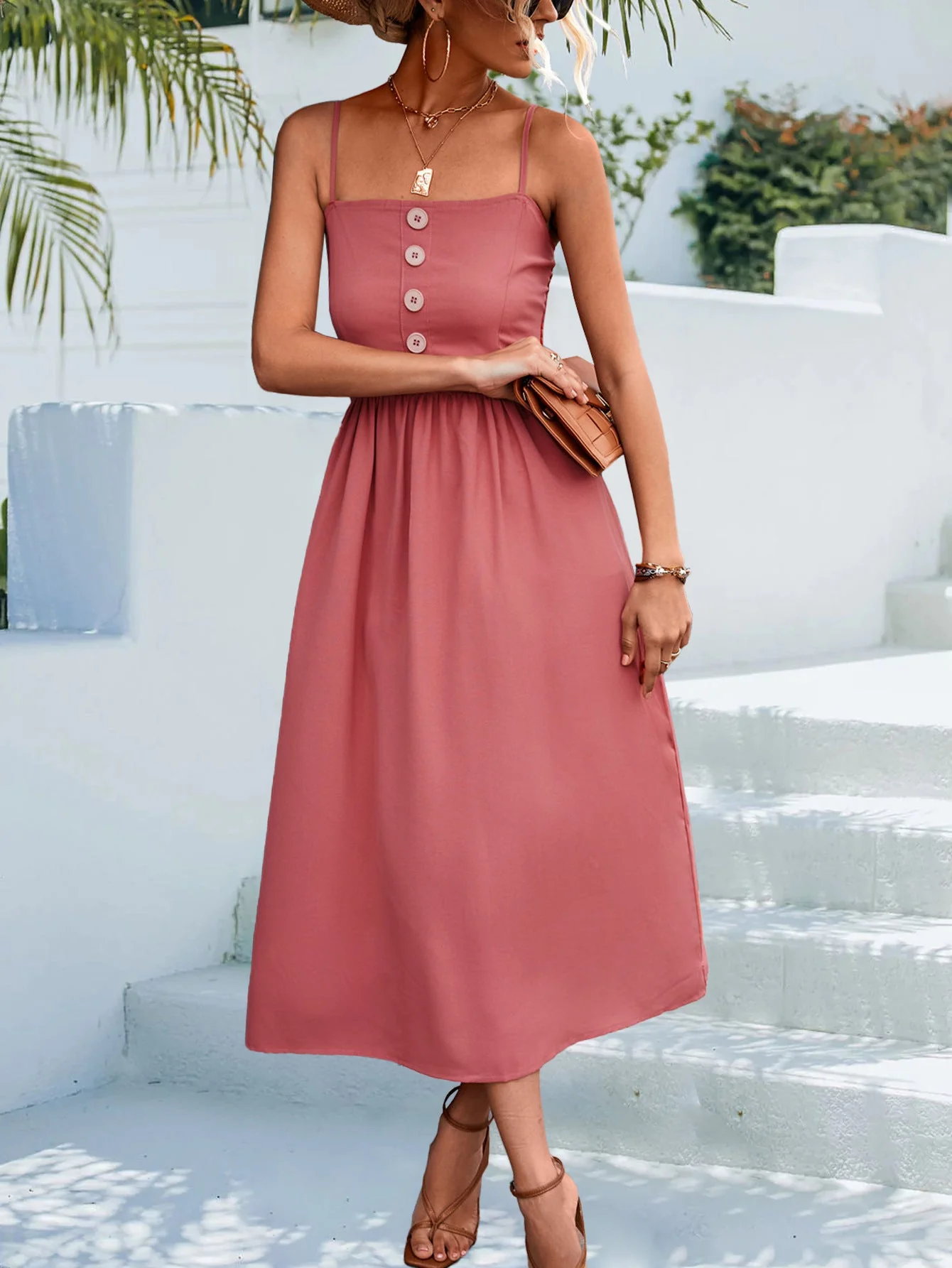 Decorative Button Spaghetti Strap Midi Dress - Image 3