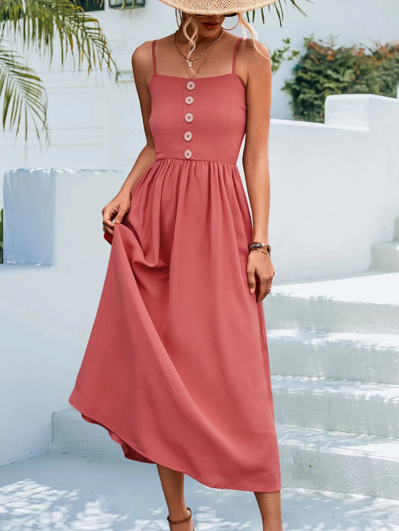 Decorative Button Spaghetti Strap Midi Dress - Image 4