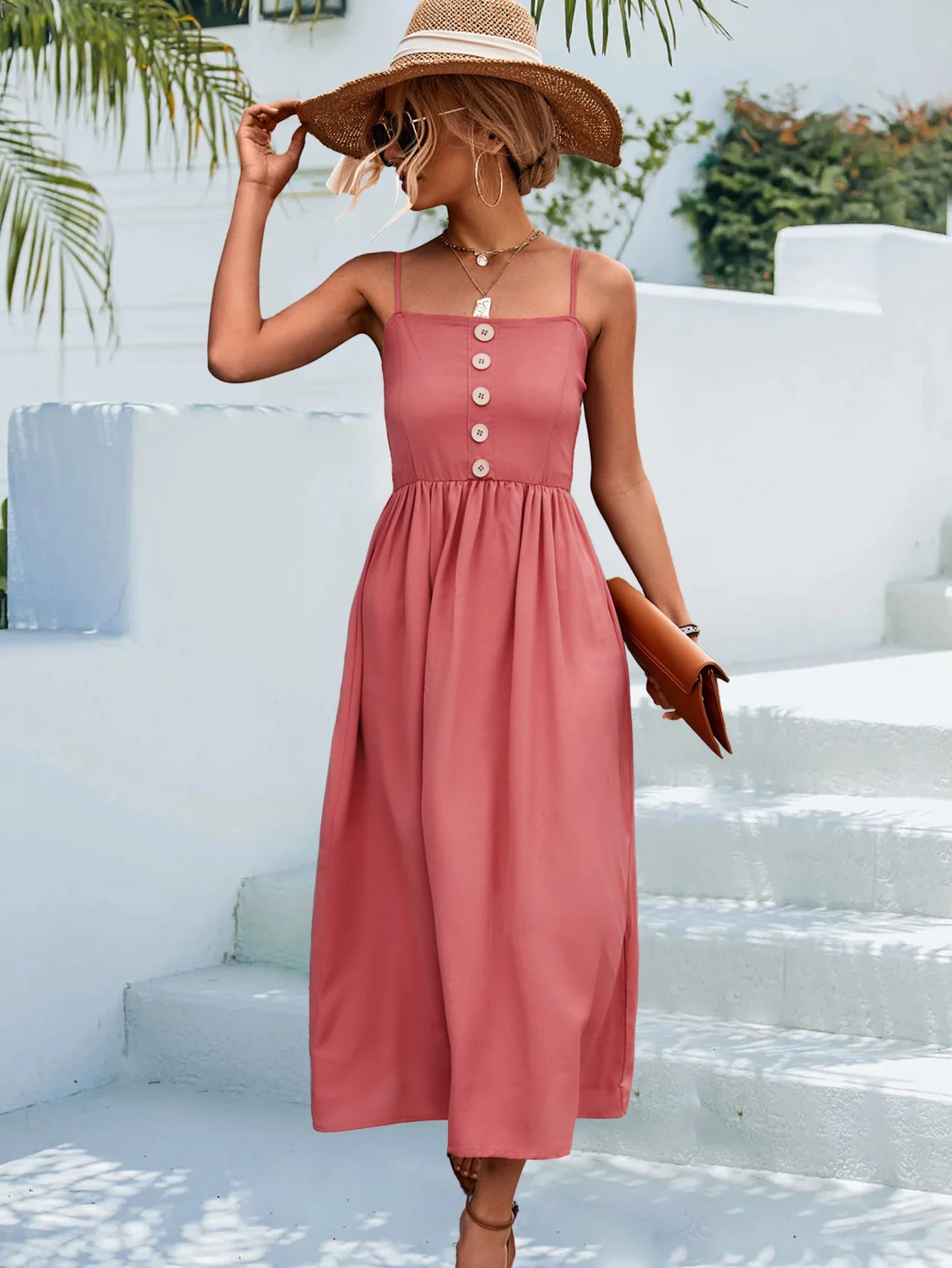 Decorative Button Spaghetti Strap Midi Dress - Image 5