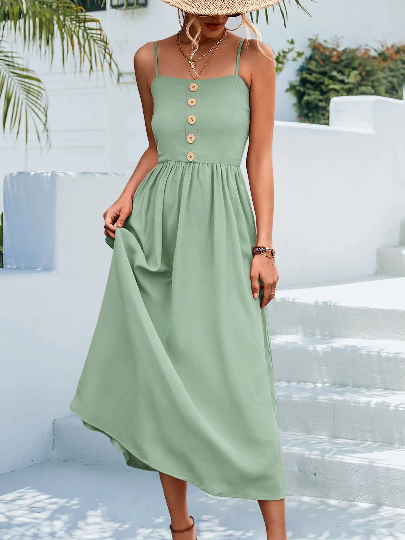 Decorative Button Spaghetti Strap Midi Dress - Image 9
