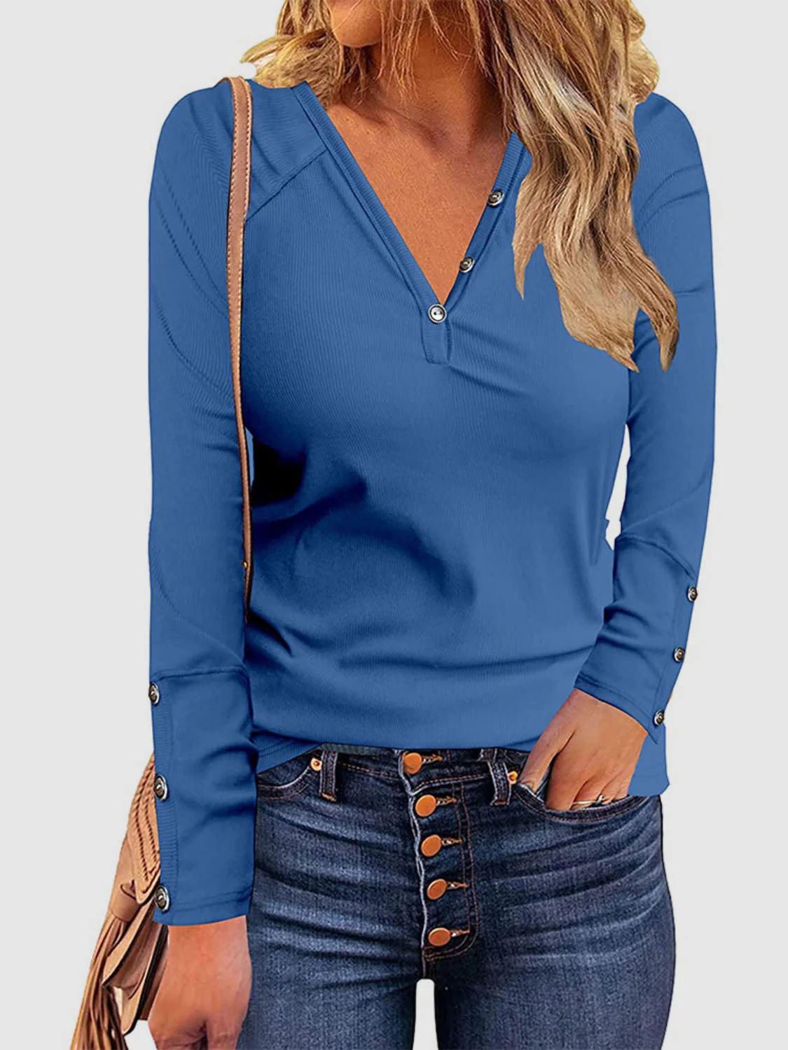 Decorative Button V-Neck Long Sleeve T-Shirt - Image 16
