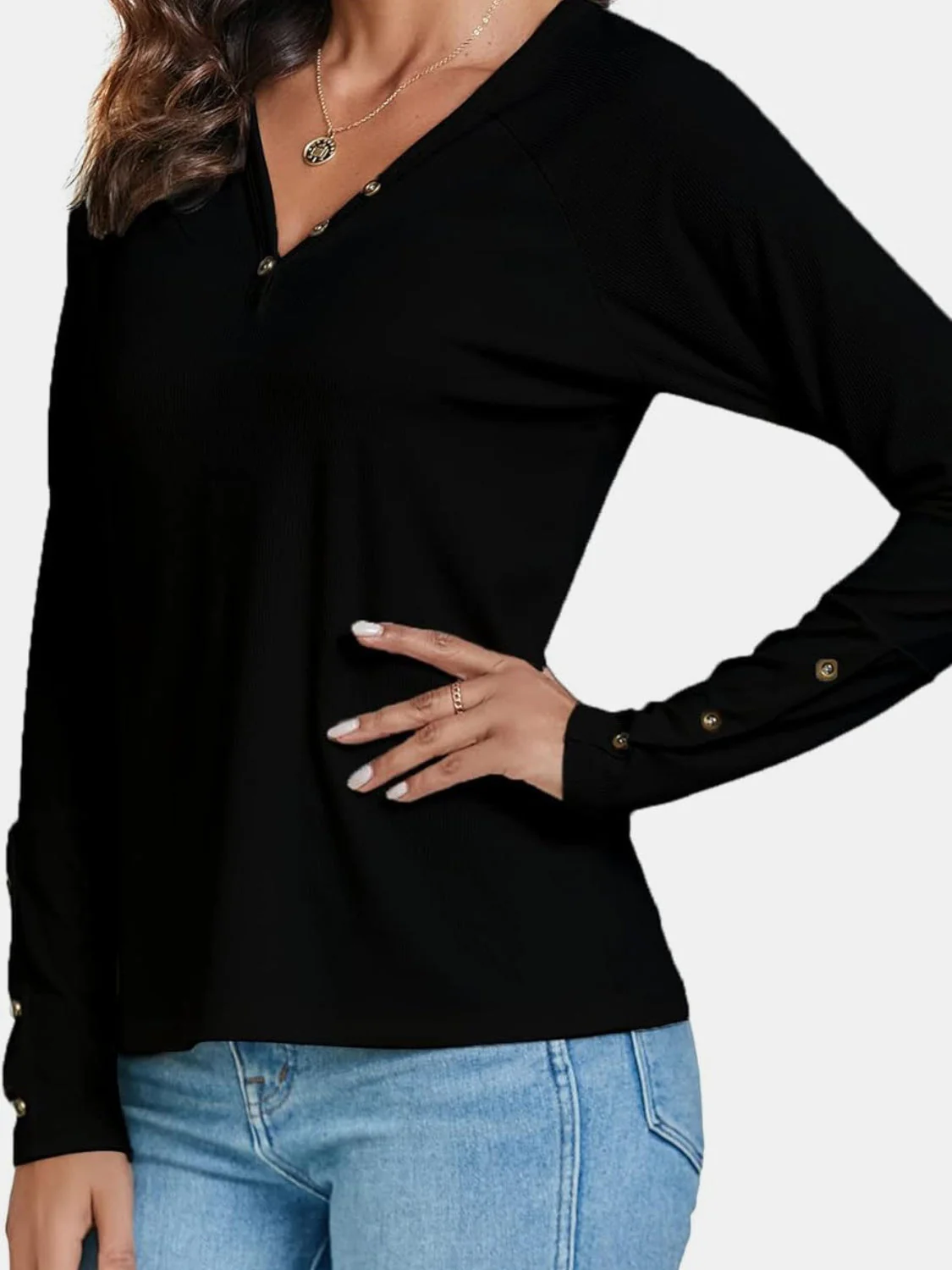 Decorative Button V-Neck Long Sleeve T-Shirt - Image 3