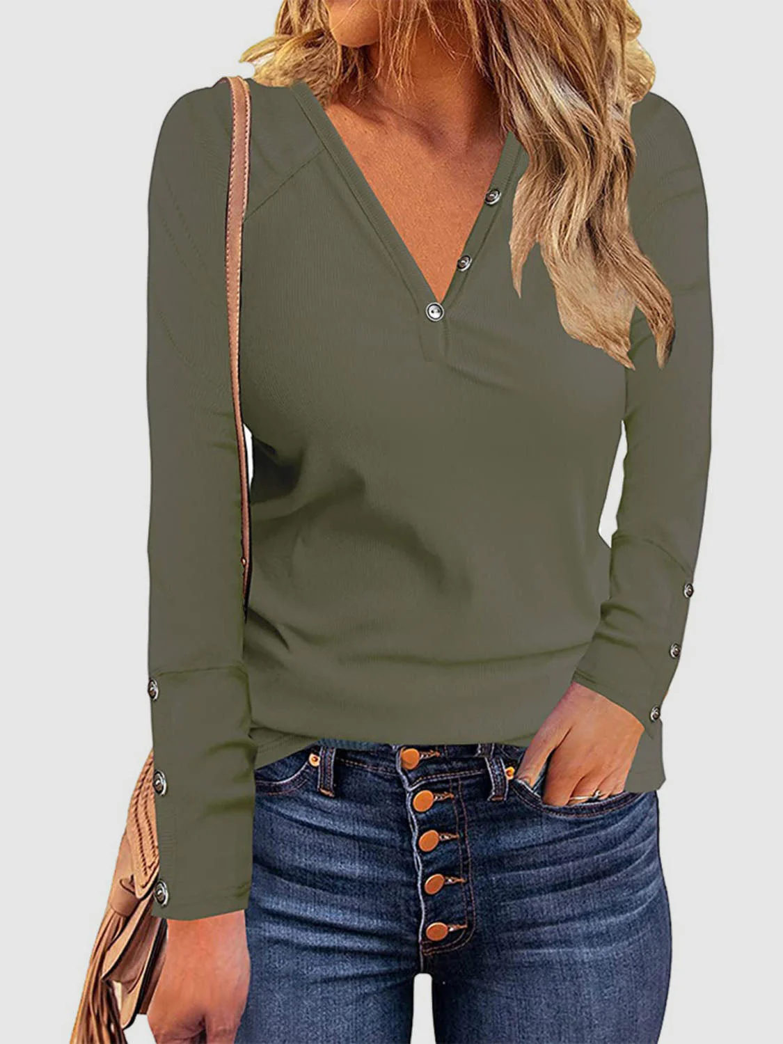 Decorative Button V-Neck Long Sleeve T-Shirt - Image 4