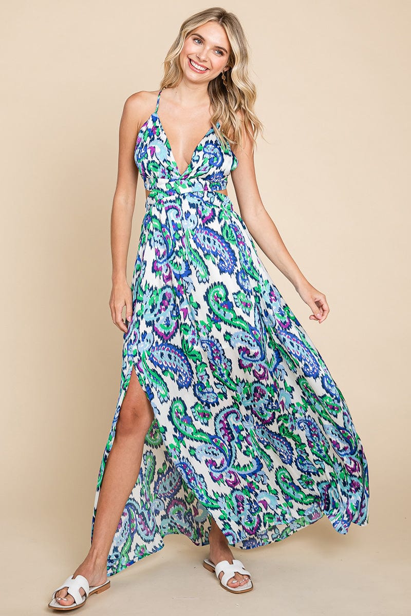 Deep V Neck Open Back Printed Boho Maxi Dress by RolyPoly Apparel - Image 2