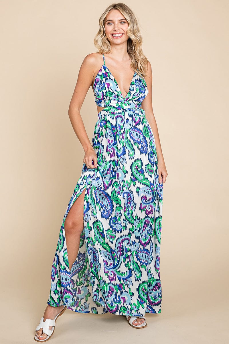 Deep V Neck Open Back Printed Boho Maxi Dress by RolyPoly Apparel - Image 3