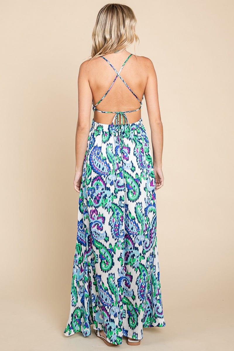Deep V Neck Open Back Printed Boho Maxi Dress by RolyPoly Apparel - Image 6