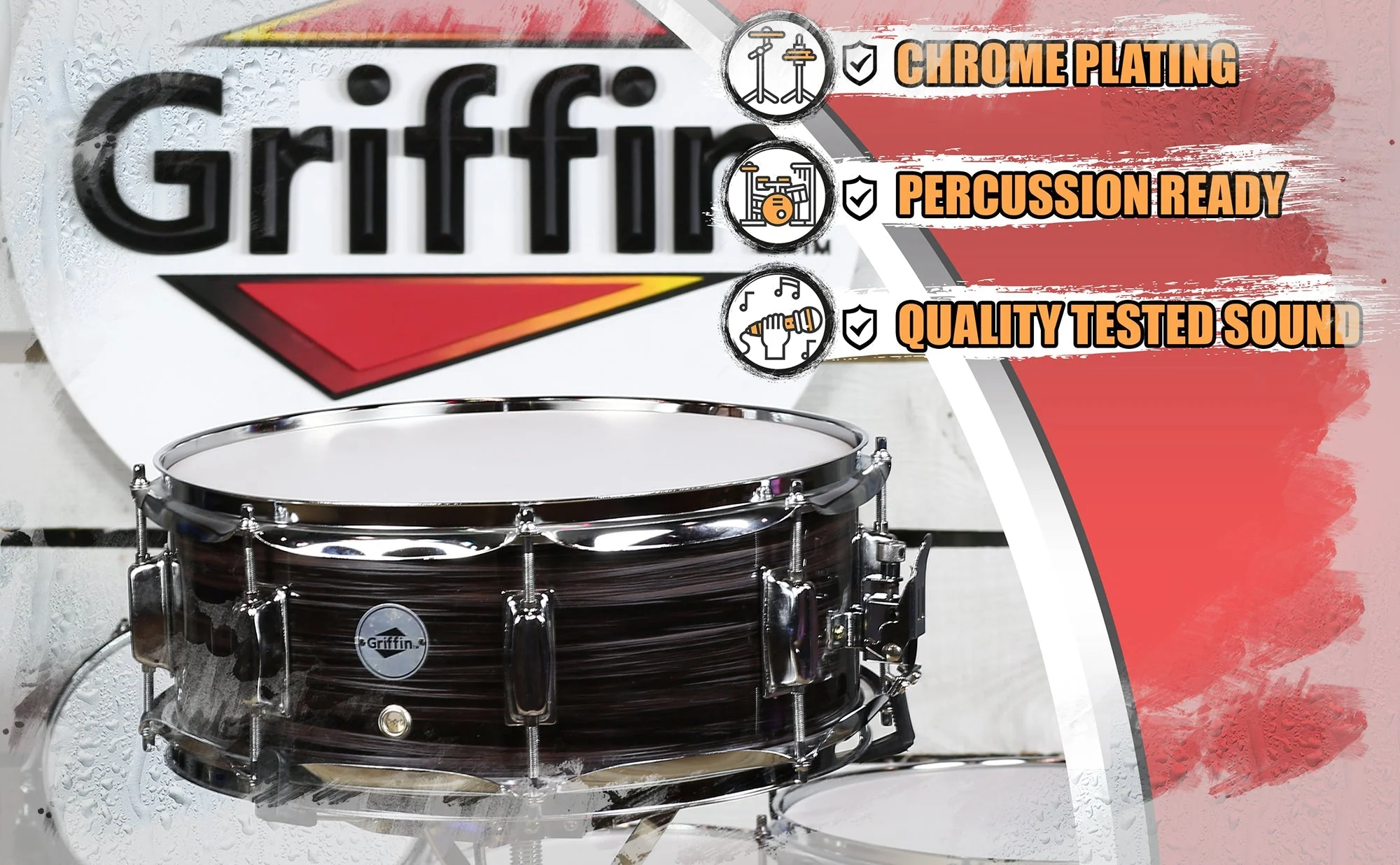 Deluxe Snare Drum by GRIFFIN - 14" x 5.5" Poplar Wood Shell with Zebra PVC Glossy Finish by GeekStands.com - Image 8