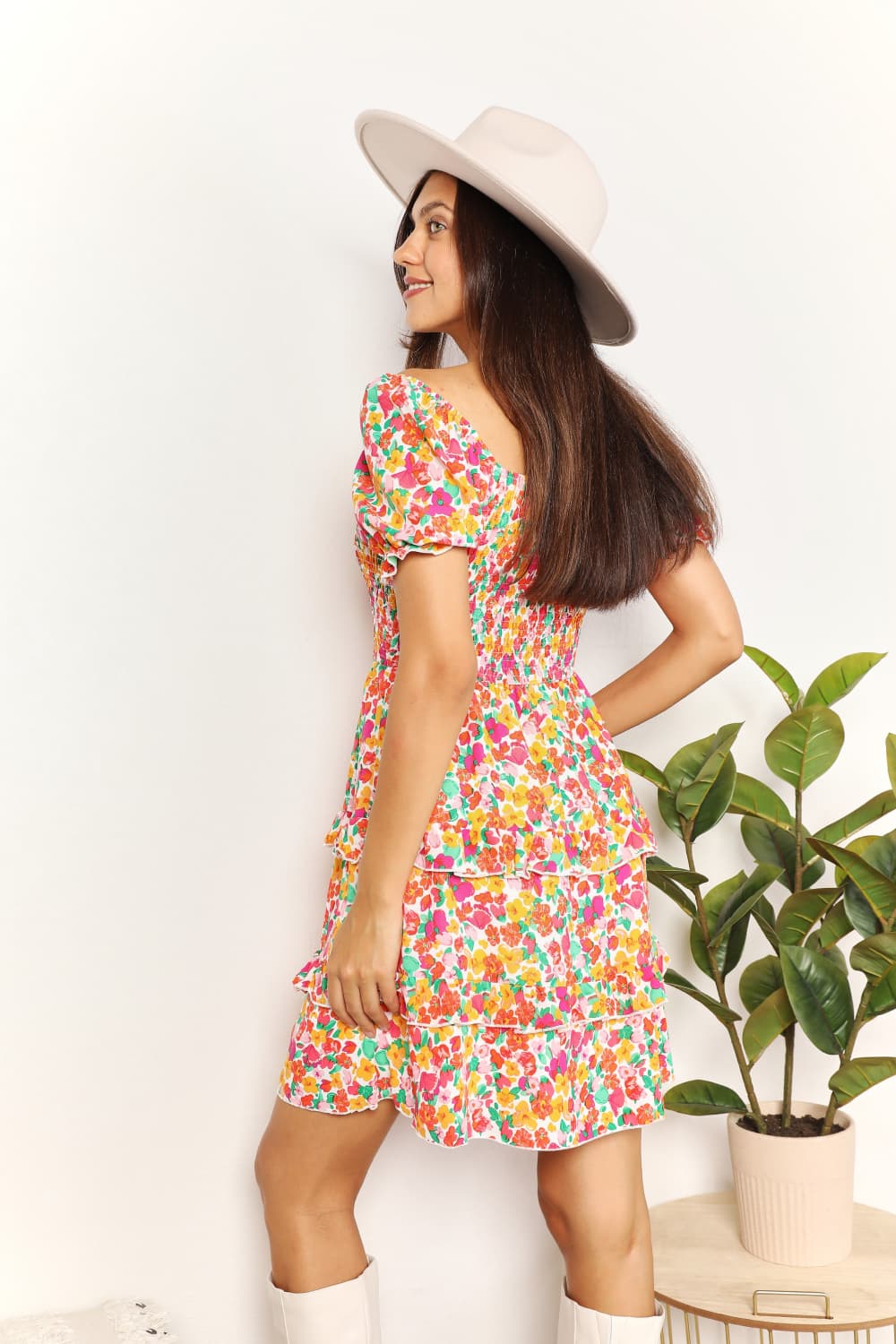 Devine Smocked Sweetheart Neck Flounce Sleeve Mini Dress - Image 2