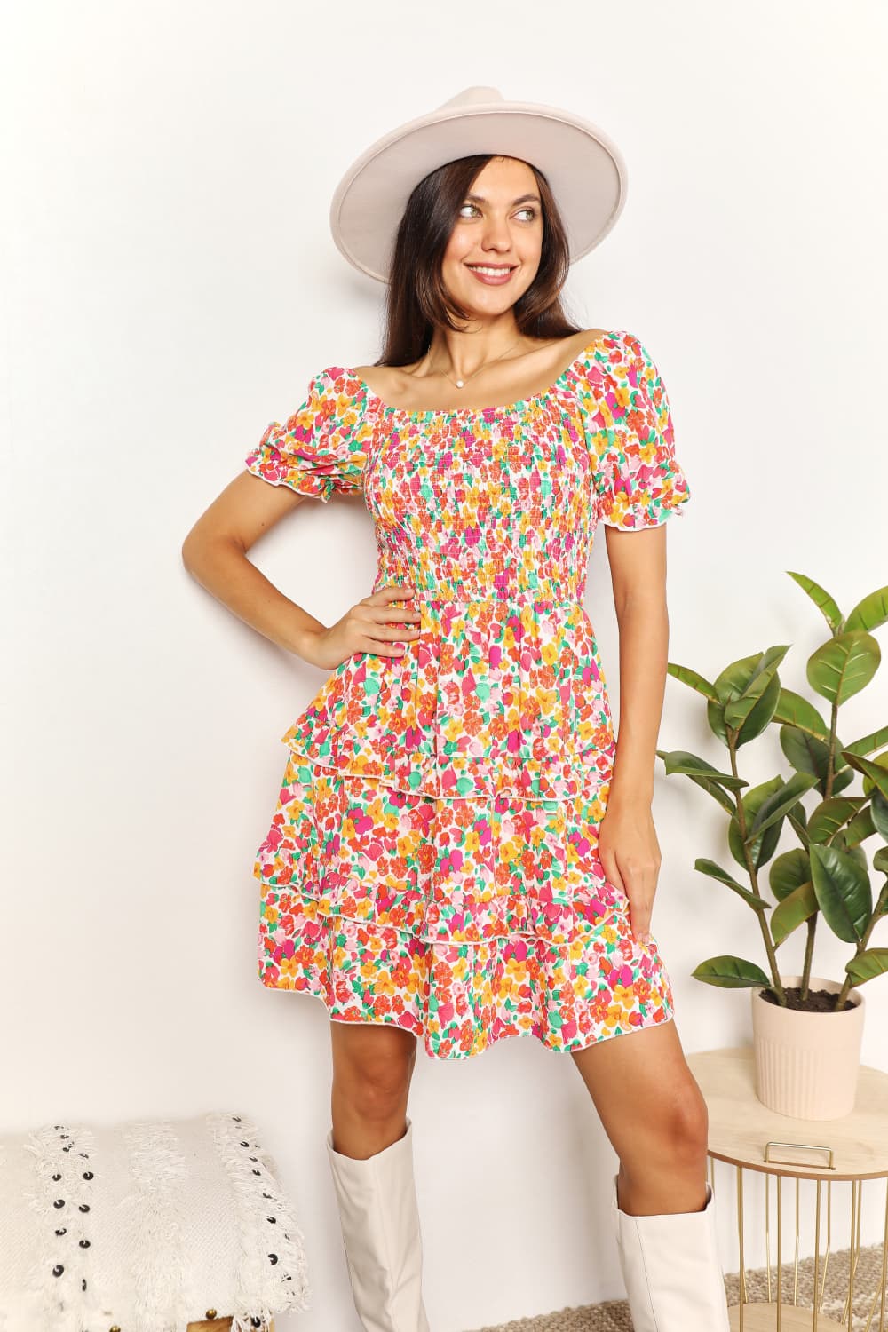 Devine Smocked Sweetheart Neck Flounce Sleeve Mini Dress - Image 3