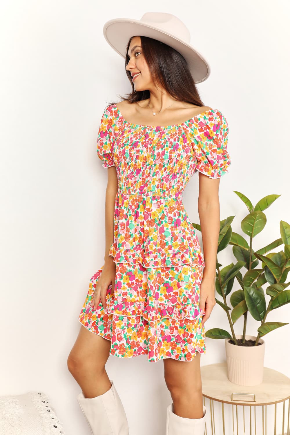 Devine Smocked Sweetheart Neck Flounce Sleeve Mini Dress - Image 4