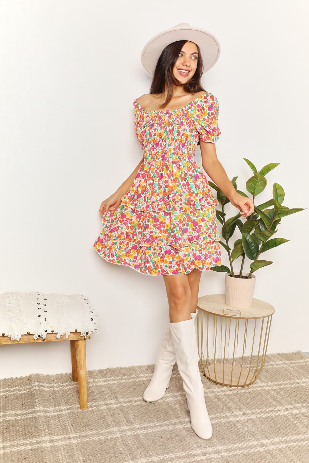 Devine Smocked Sweetheart Neck Flounce Sleeve Mini Dress - Image 5
