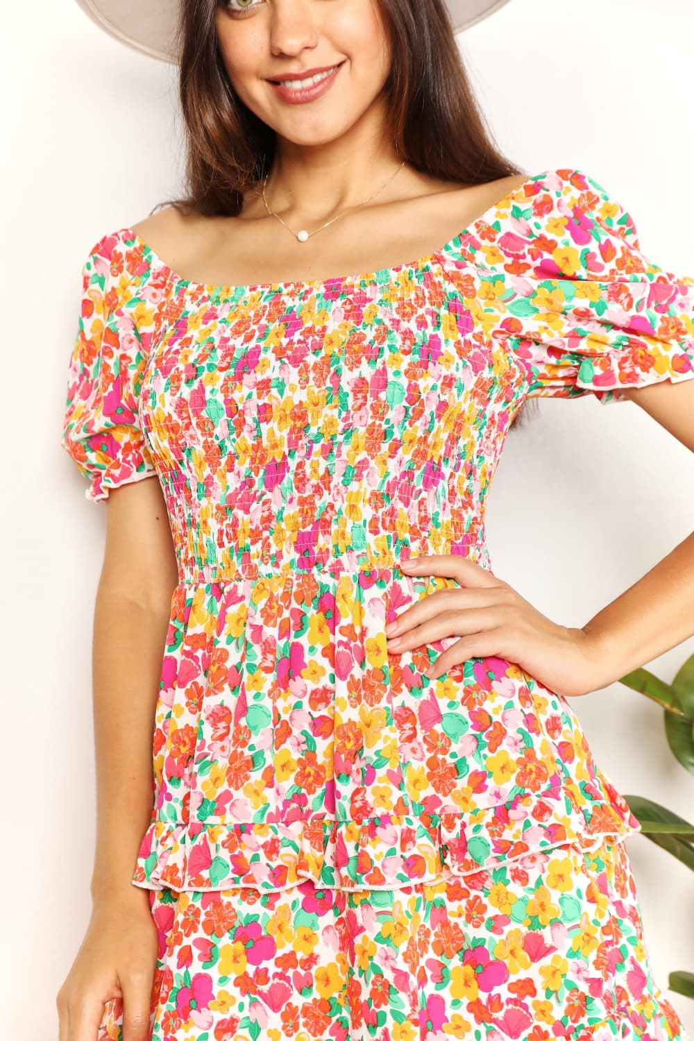 Devine Smocked Sweetheart Neck Flounce Sleeve Mini Dress - Image 6