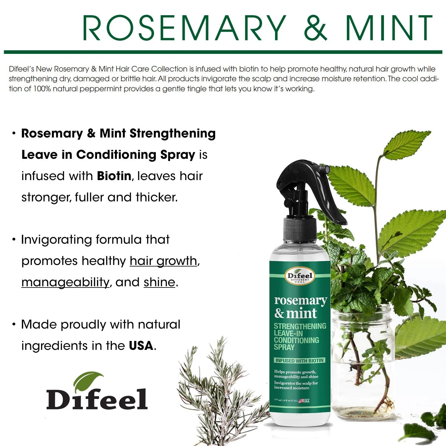 Difeel Rosemary and Mint Strengthening Leave-In Conditioning Spray with Biotin 6 oz. by difeel - find your natural beauty - Image 3