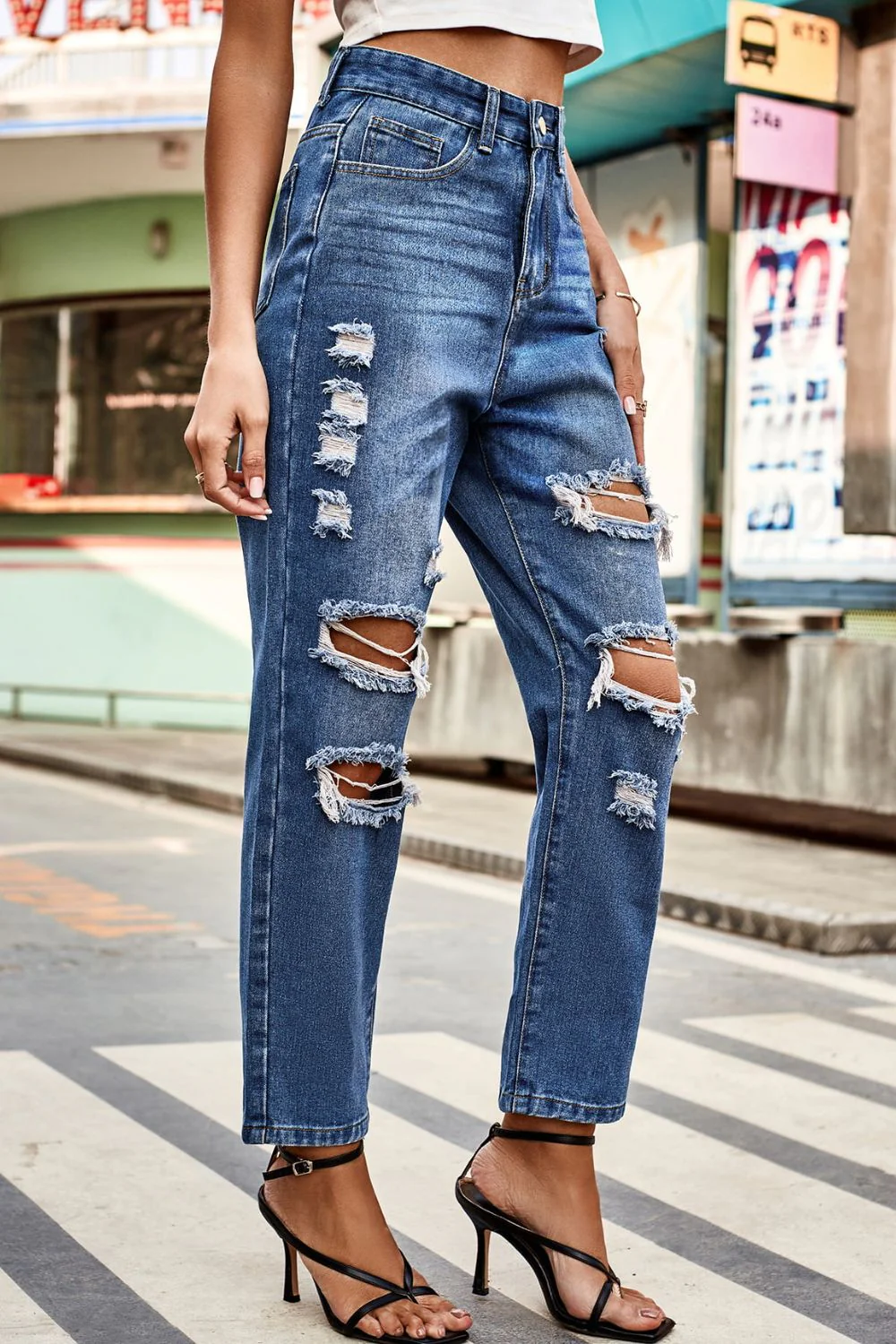 Distressed High Waist Straight Jeans - Image 3
