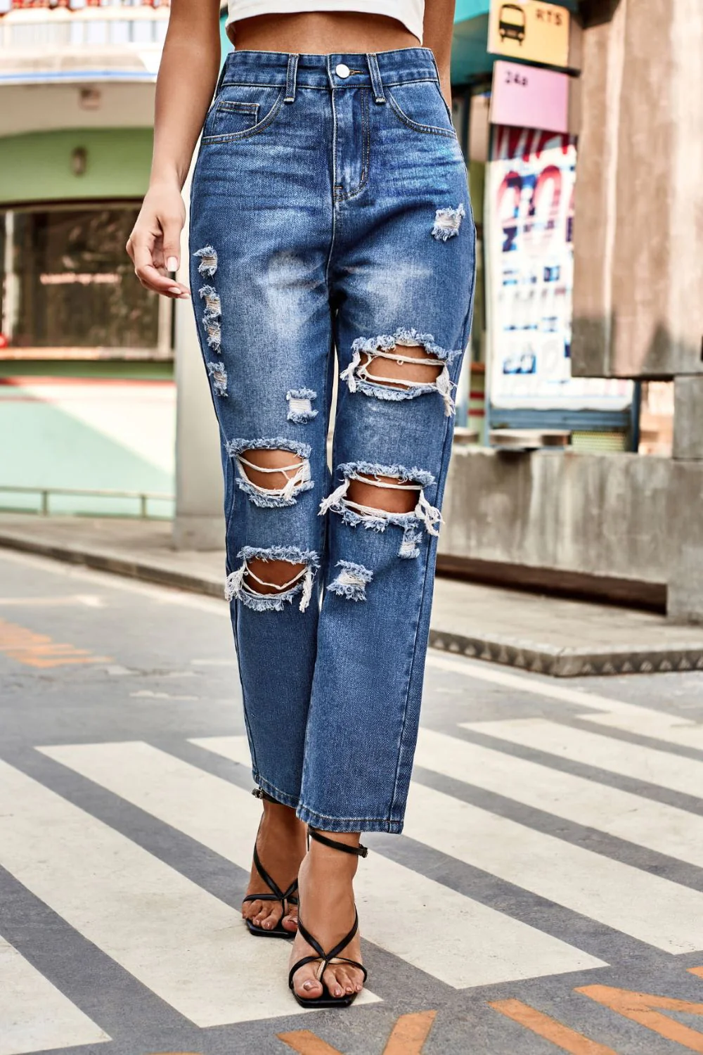Distressed High Waist Straight Jeans - Image 4