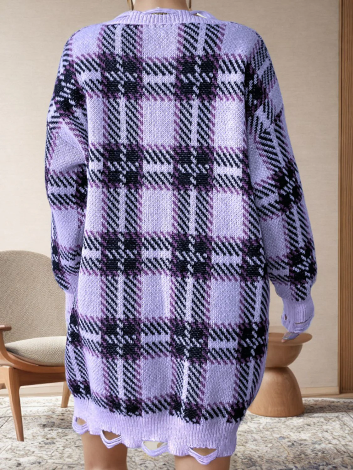 Distressed Plaid V-Neck Long Sleeve Sweater Dress - Image 11