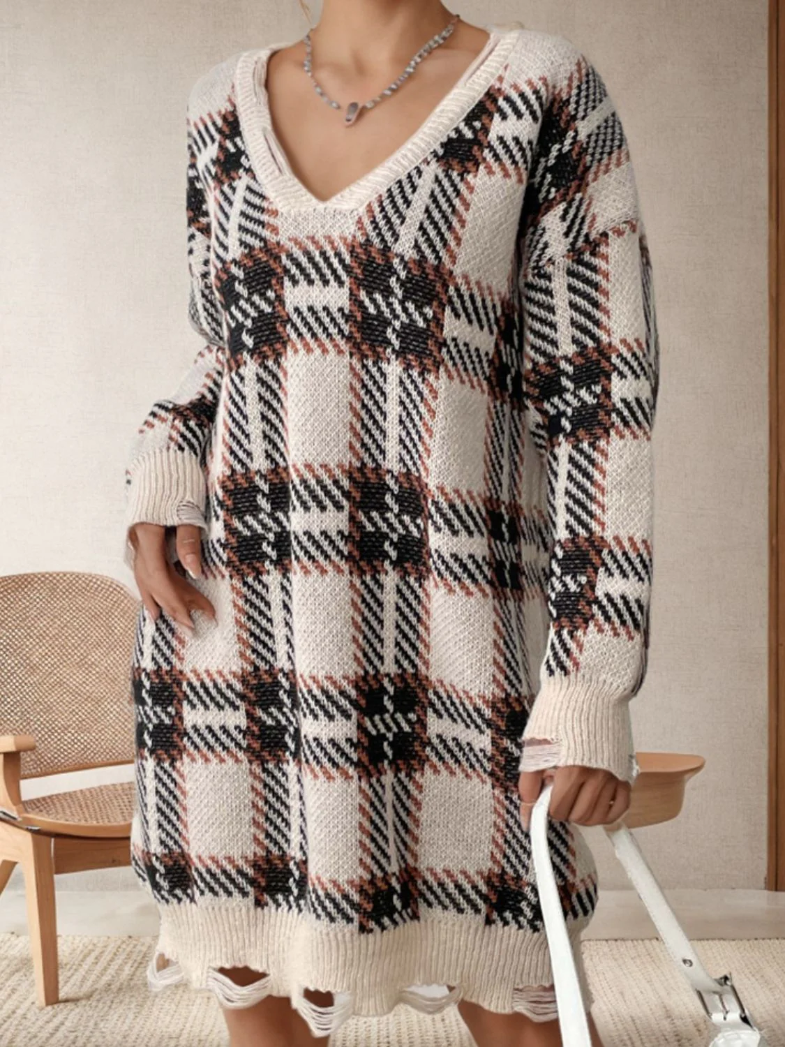 Distressed Plaid V-Neck Long Sleeve Sweater Dress - Image 2