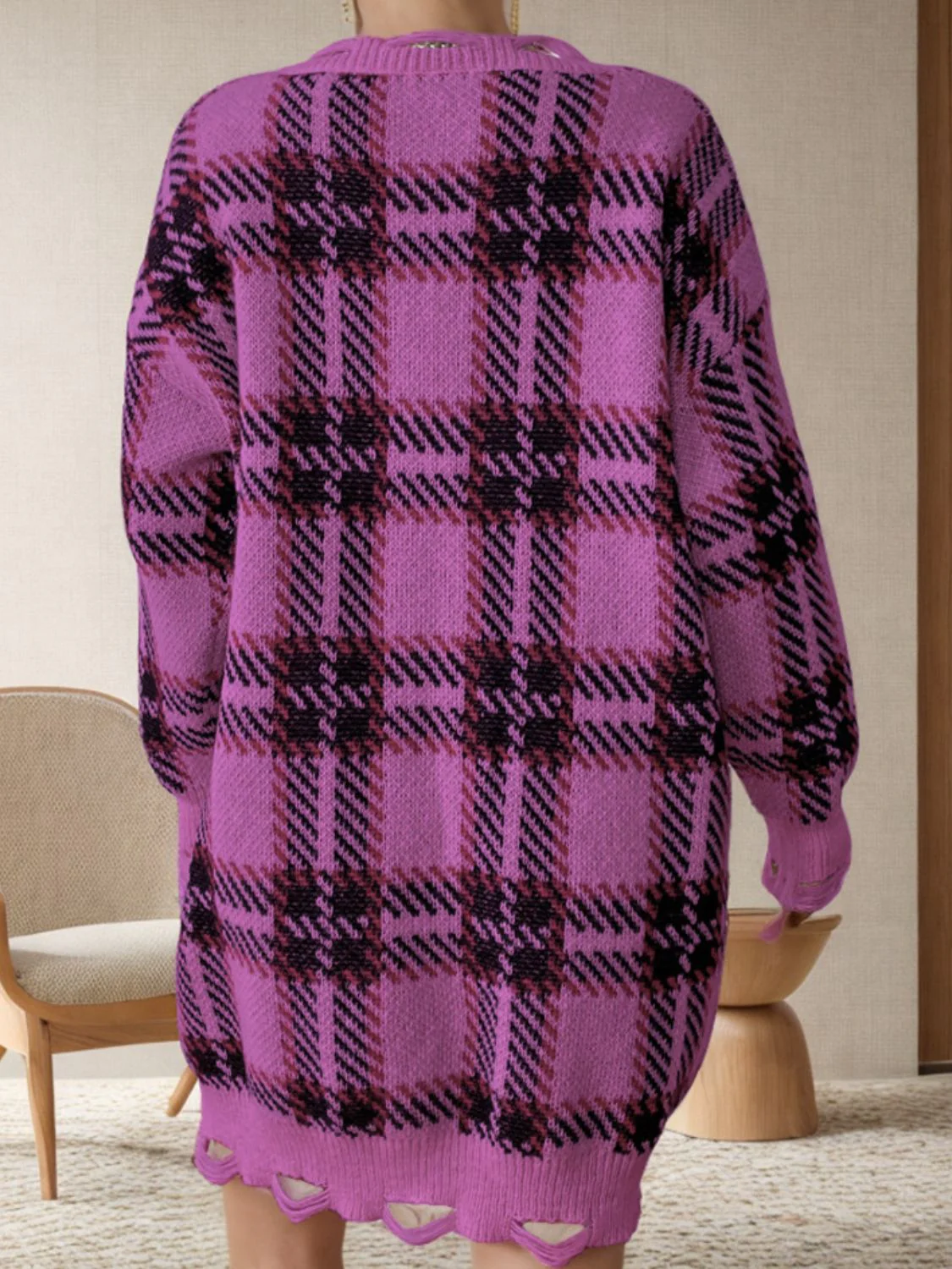 Distressed Plaid V-Neck Long Sleeve Sweater Dress - Image 5