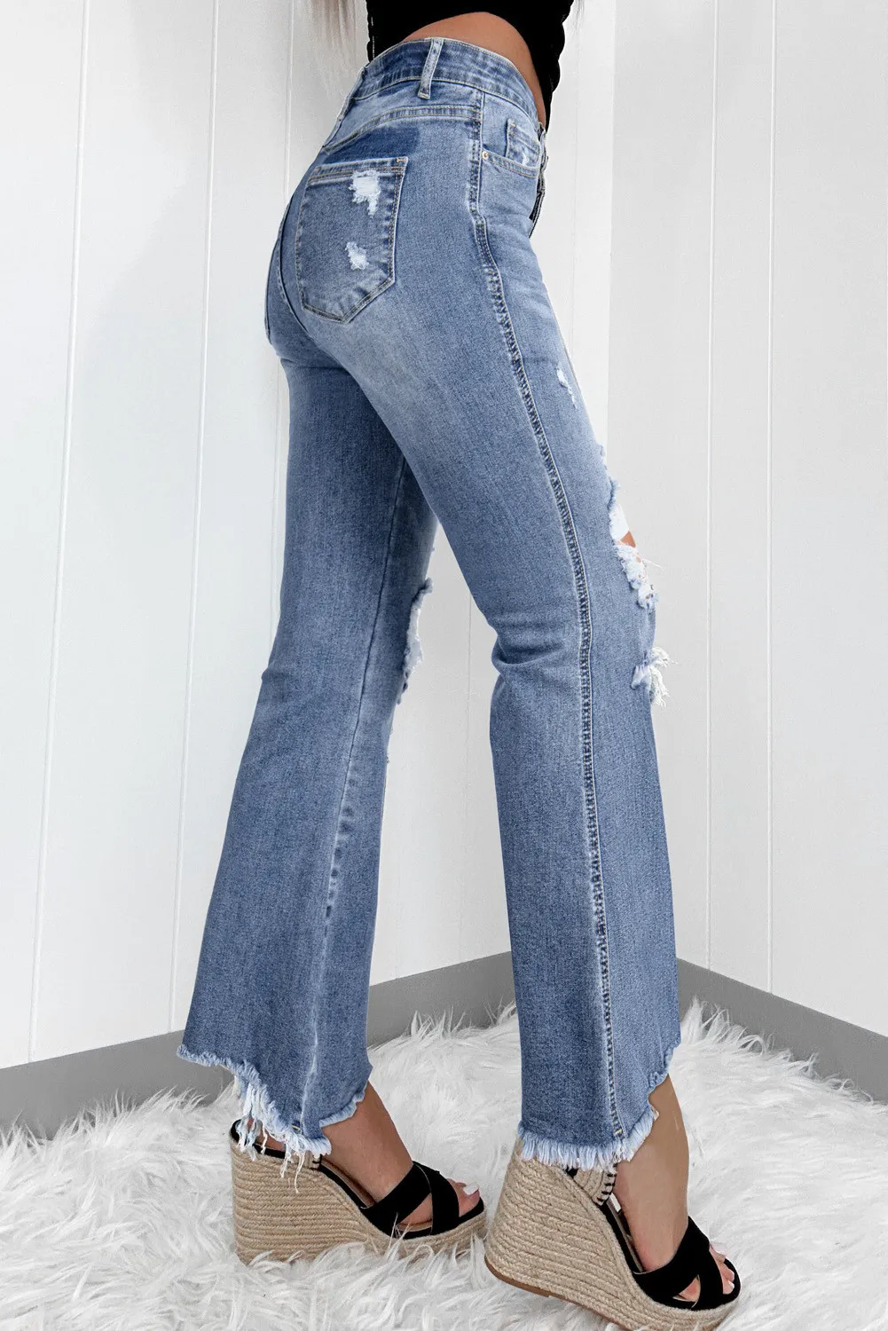 Distressed Raw Hem Bootcut Jeans - Image 2
