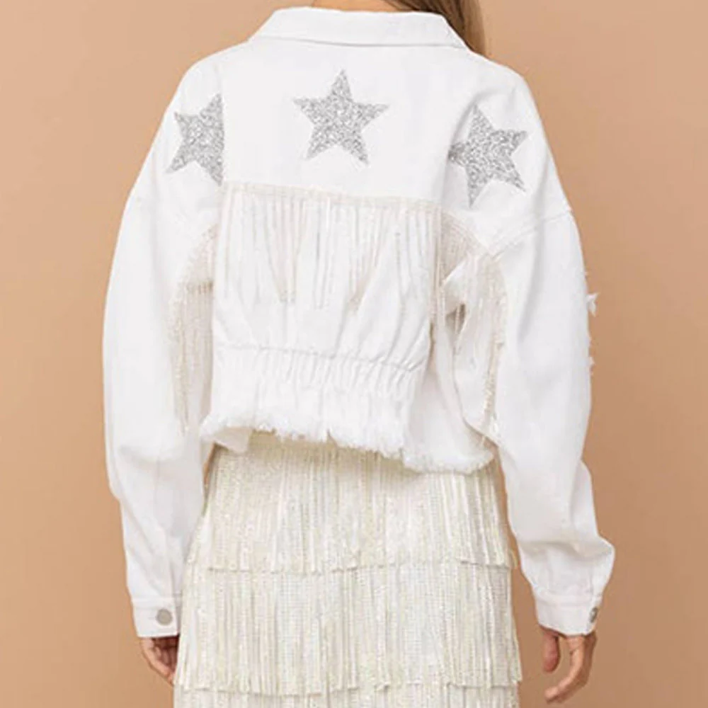 Distressed Raw Hem Dropped Shoulder Denim Jacket - Image 3
