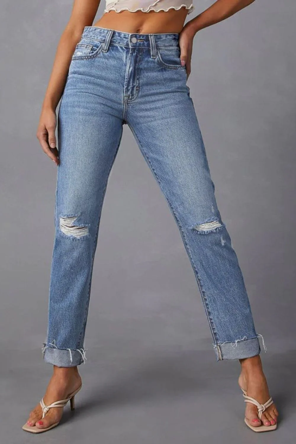 Distressed Raw Hem Straight Jeans with Pockets - Image 2