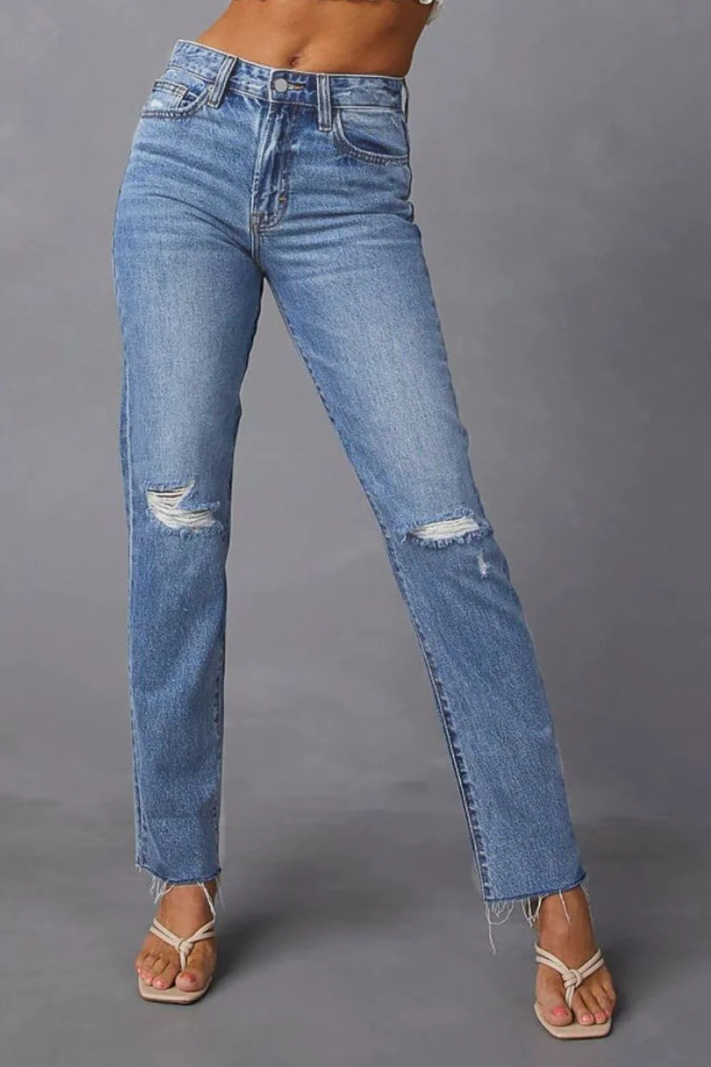 Distressed Raw Hem Straight Jeans with Pockets - Image 3