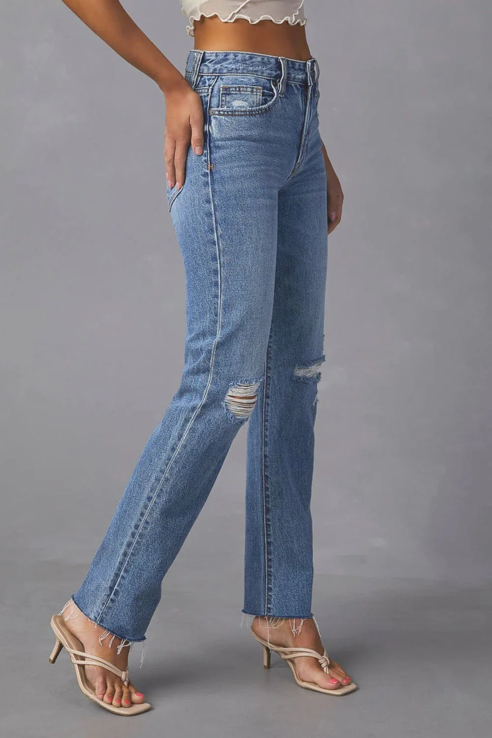 Distressed Raw Hem Straight Jeans with Pockets - Image 4