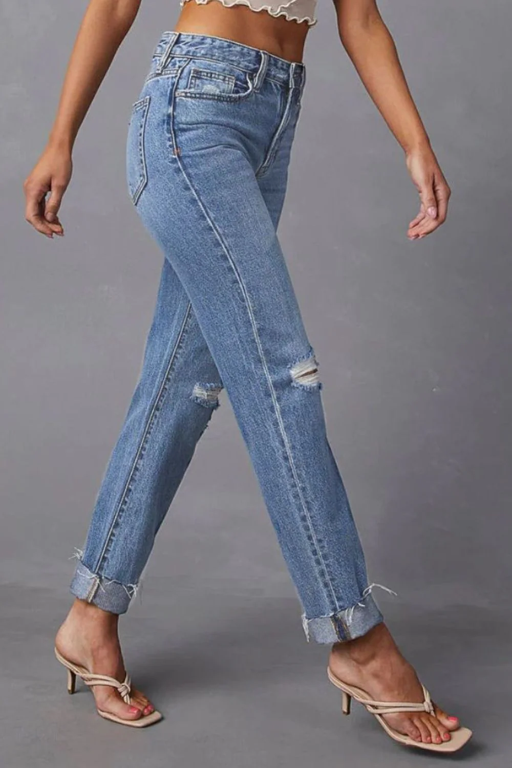 Distressed Raw Hem Straight Jeans with Pockets - Image 5